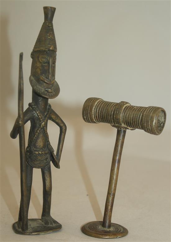 A Benin bronze figure of a warrior, 4.5in.